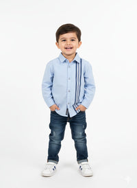 Boys' Sky Blue Long-Sleeve Button-Up with Vertical Racing Stripes