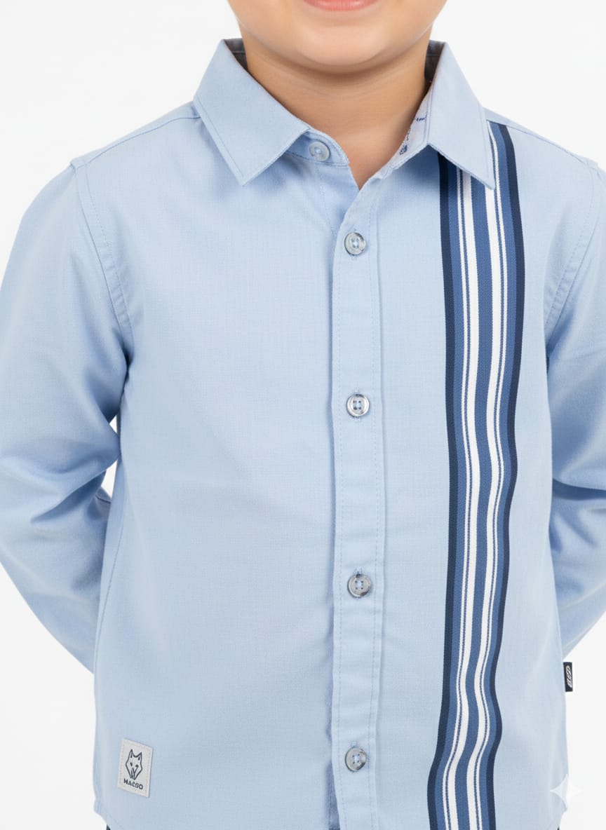 Boys' Sky Blue Long-Sleeve Button-Up with Vertical Racing Stripes