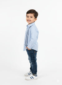 Boys' Sky Blue Long-Sleeve Button-Up with Vertical Racing Stripes