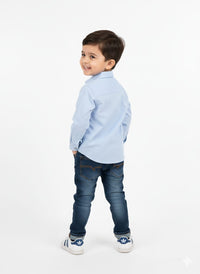 Boys' Sky Blue Long-Sleeve Button-Up with Vertical Racing Stripes