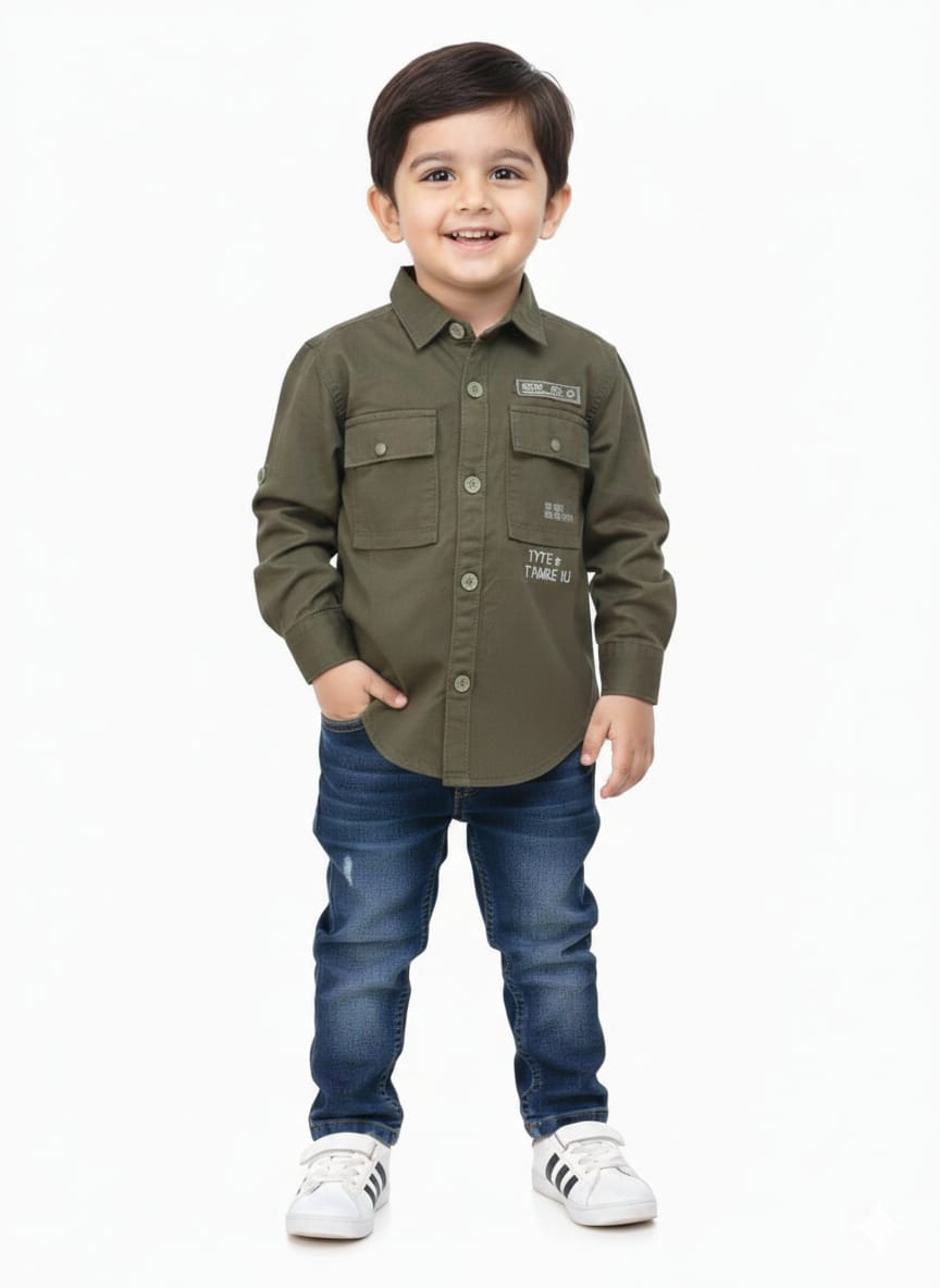 Boys' Military-Inspired Olive Green Utility Shirt – Long Sleeve Cargo Cotton Shirt with Graphic Patches