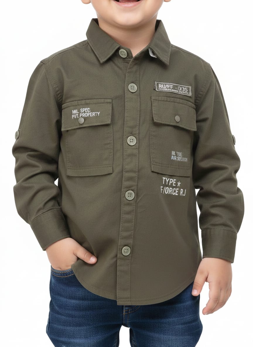 Boys' Military-Inspired Olive Green Utility Shirt – Long Sleeve Cargo Cotton Shirt with Graphic Patches