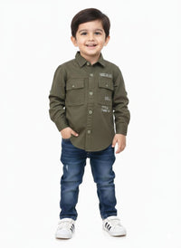 Boys' Military-Inspired Olive Green Utility Shirt – Long Sleeve Cargo Cotton Shirt with Graphic Patches