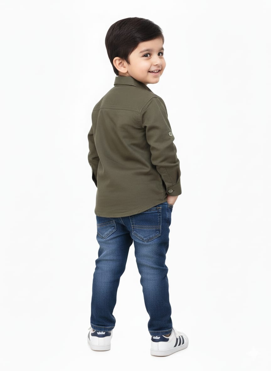 Boys' Military-Inspired Olive Green Utility Shirt – Long Sleeve Cargo Cotton Shirt with Graphic Patches