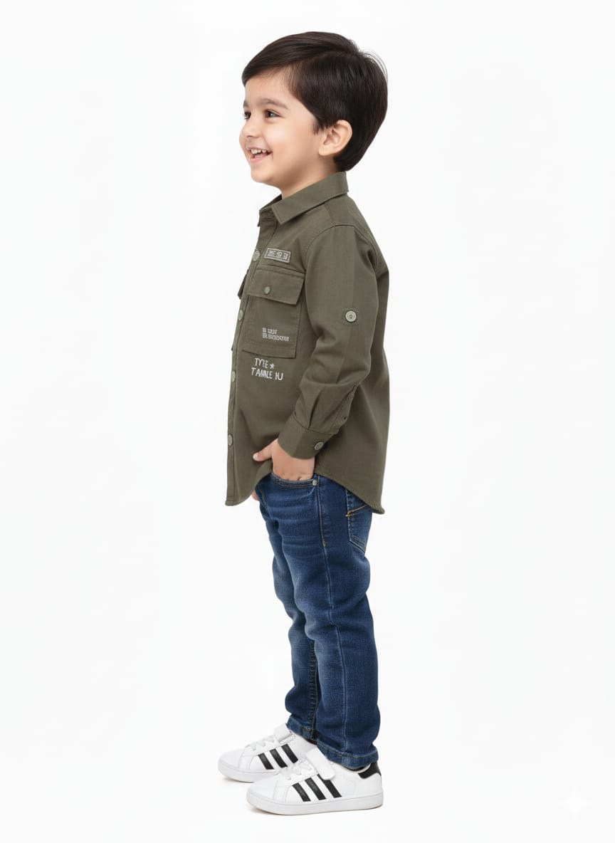 Boys' Military-Inspired Olive Green Utility Shirt – Long Sleeve Cargo Cotton Shirt with Graphic Patches