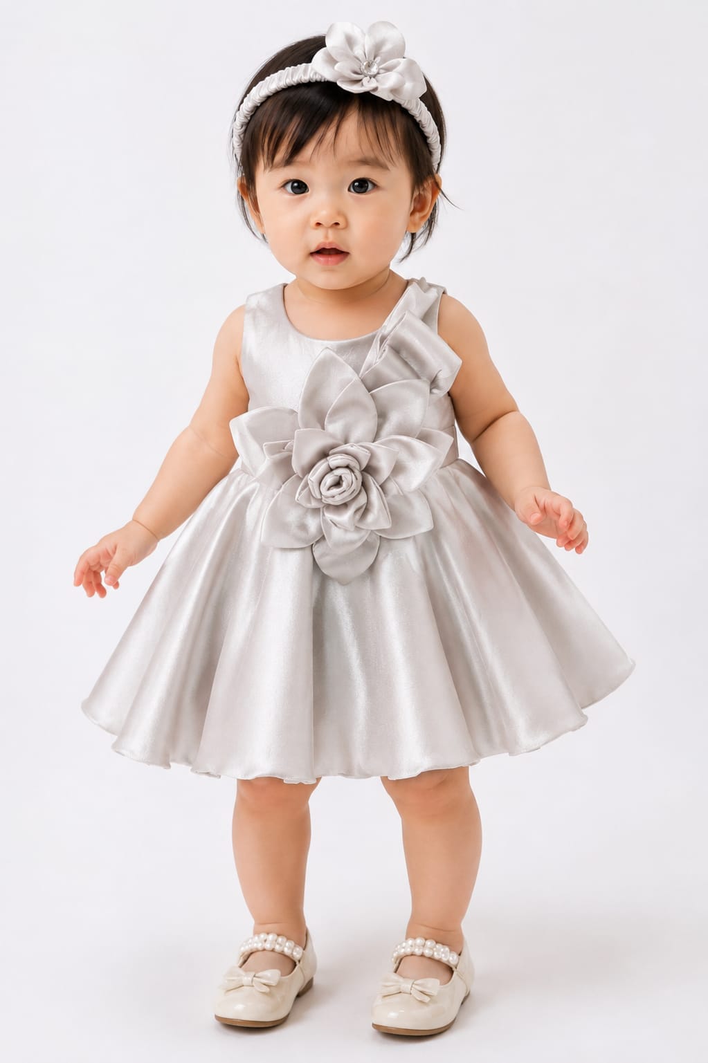 Infant Champagne Silver Frock with Infant Band
