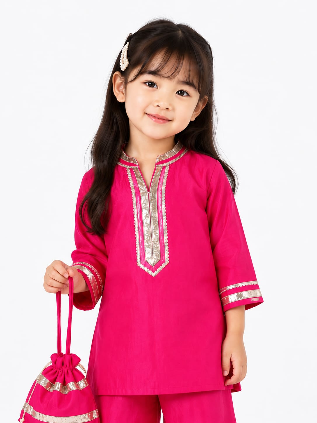 Vibrant Rani Pink Ethnic Kurta & Bottom Set with Matching Potli.