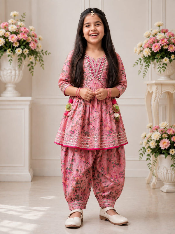 2-Piece Girls' Ethnic Dhoti Salwar Set (Kurta & Dhoti Bottoms)