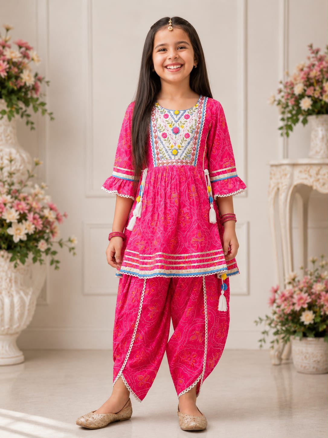 2-Piece Girls' Ethnic Tulip Salwar Set (Kurta & Tulip Pants)