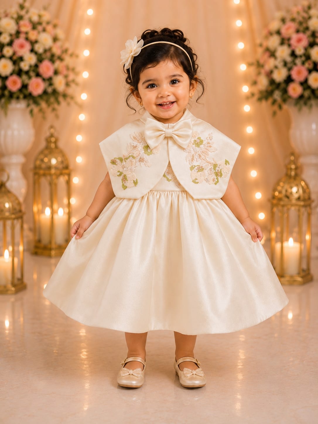 Girls' Ivory Embroidered Satin Party Dress with Detachable Capelet