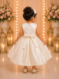 Girls' Ivory Embroidered Satin Party Dress with Detachable Capelet
