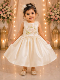 Girls' Ivory Embroidered Satin Party Dress with Detachable Capelet