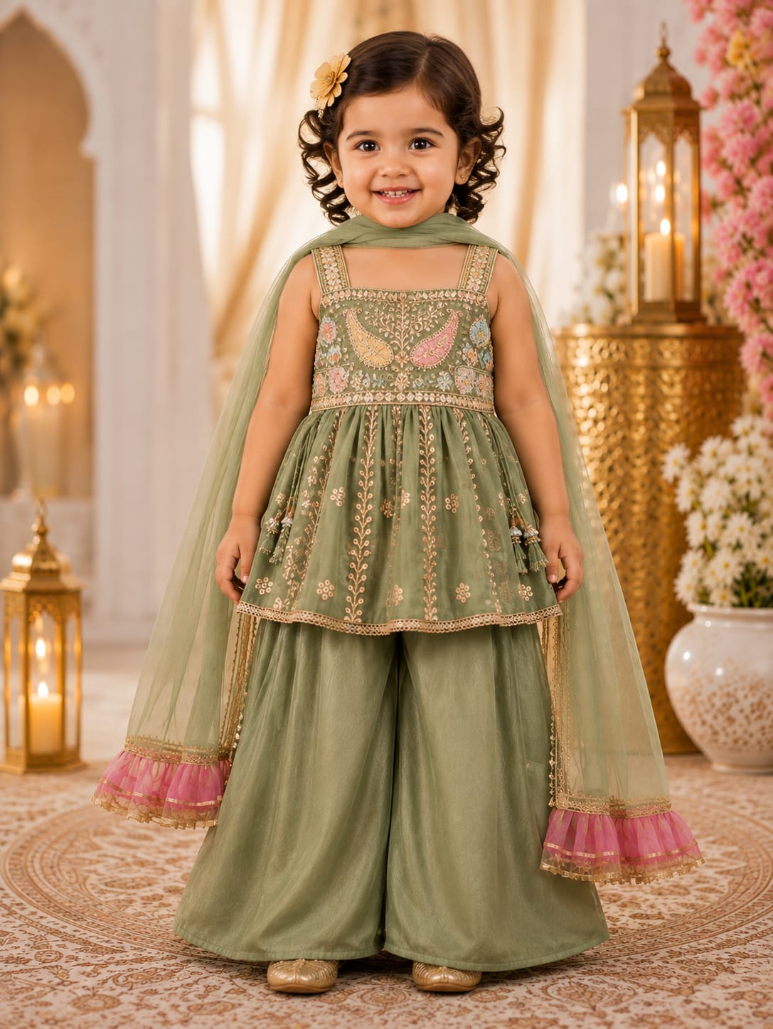 Girls' Sage Green Embroidered Sharara Suit Set