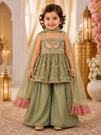 Girls' Sage Green Embroidered Sharara Suit Set