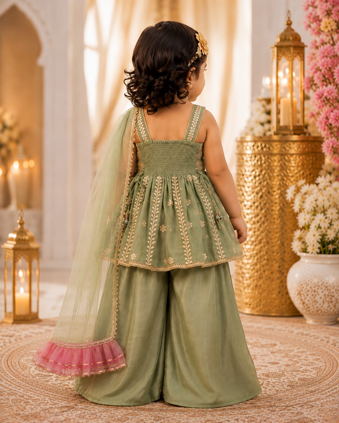 Girls' Sage Green Embroidered Sharara Suit Set