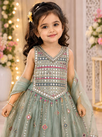 Girls' Dusty Sea Green Mirror-Embellished Lehenga Choli Set