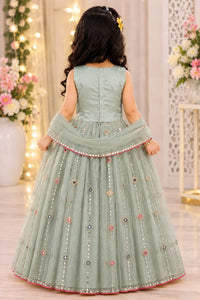 Girls' Dusty Sea Green Mirror-Embellished Lehenga Choli Set