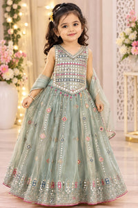 Girls' Dusty Sea Green Mirror-Embellished Lehenga Choli Set