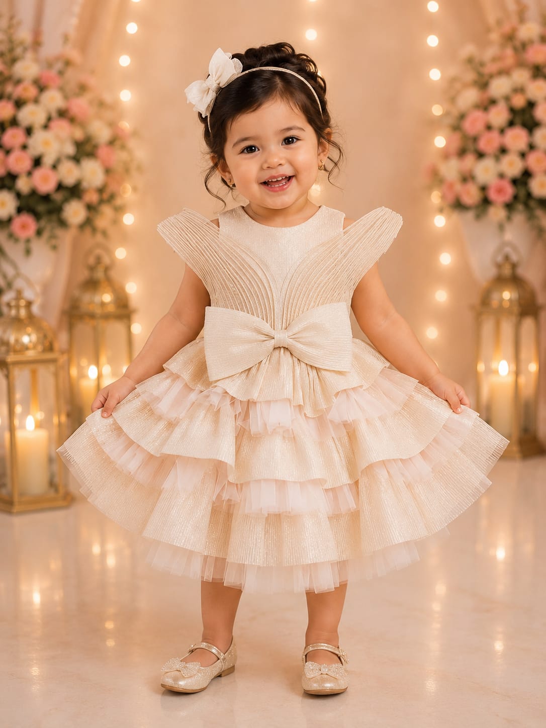 Champagne Shimmer Pleated & Tiered Ballgown Frock