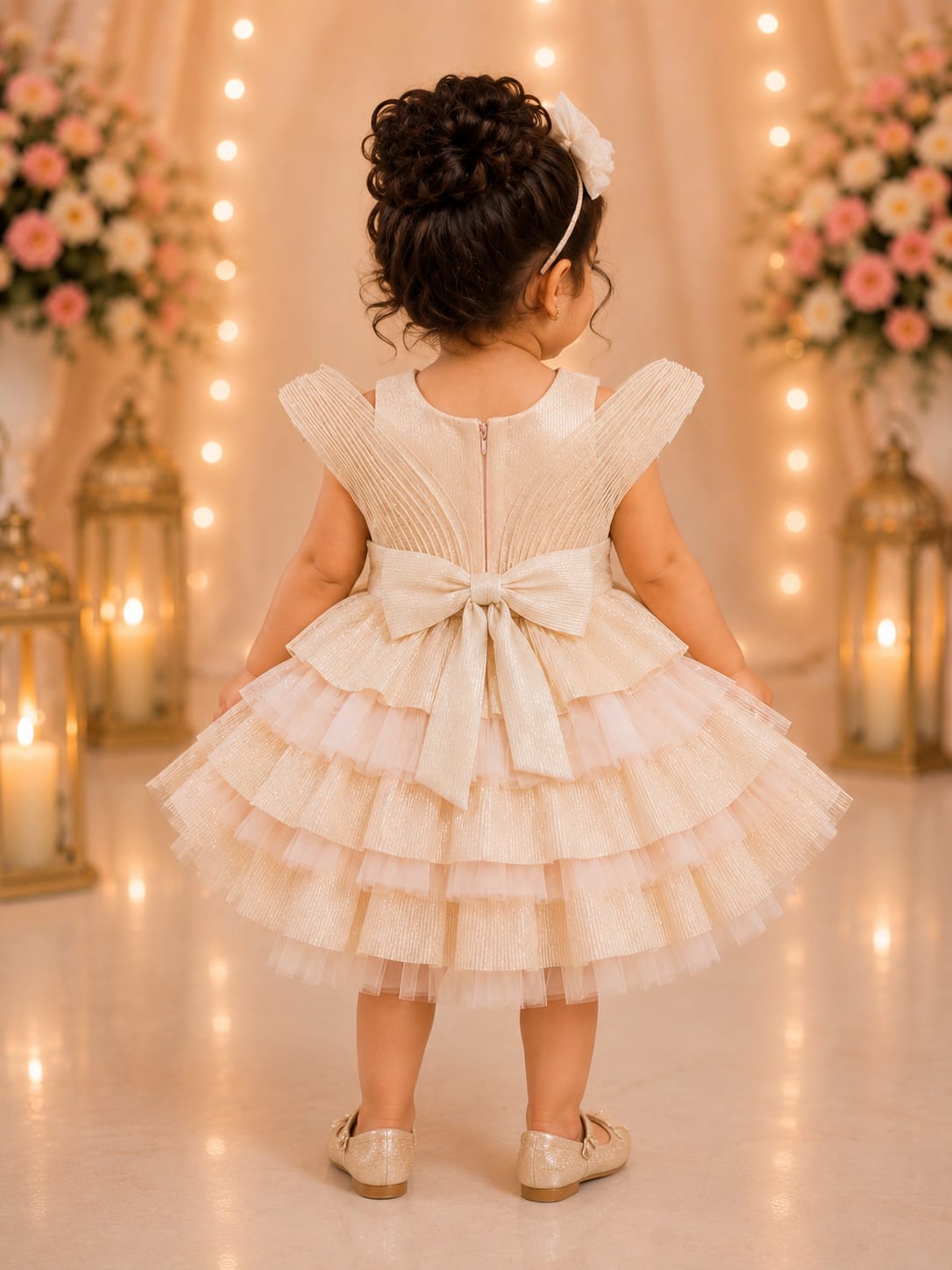 Champagne Shimmer Pleated & Tiered Ballgown Frock
