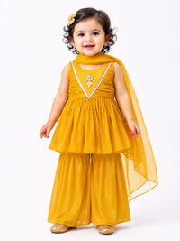 Infant Mustard Yellow Ruched Peplum Kurti & Sharara Set with Net Dupatta