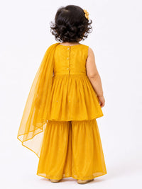 Infant Mustard Yellow Ruched Peplum Kurti & Sharara Set with Net Dupatta