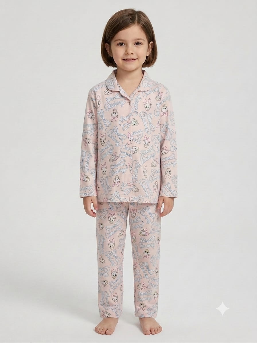 Pastel Pink Character Print Button-Down Nightwear Set