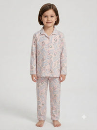Pastel Pink Character Print Button-Down Nightwear Set