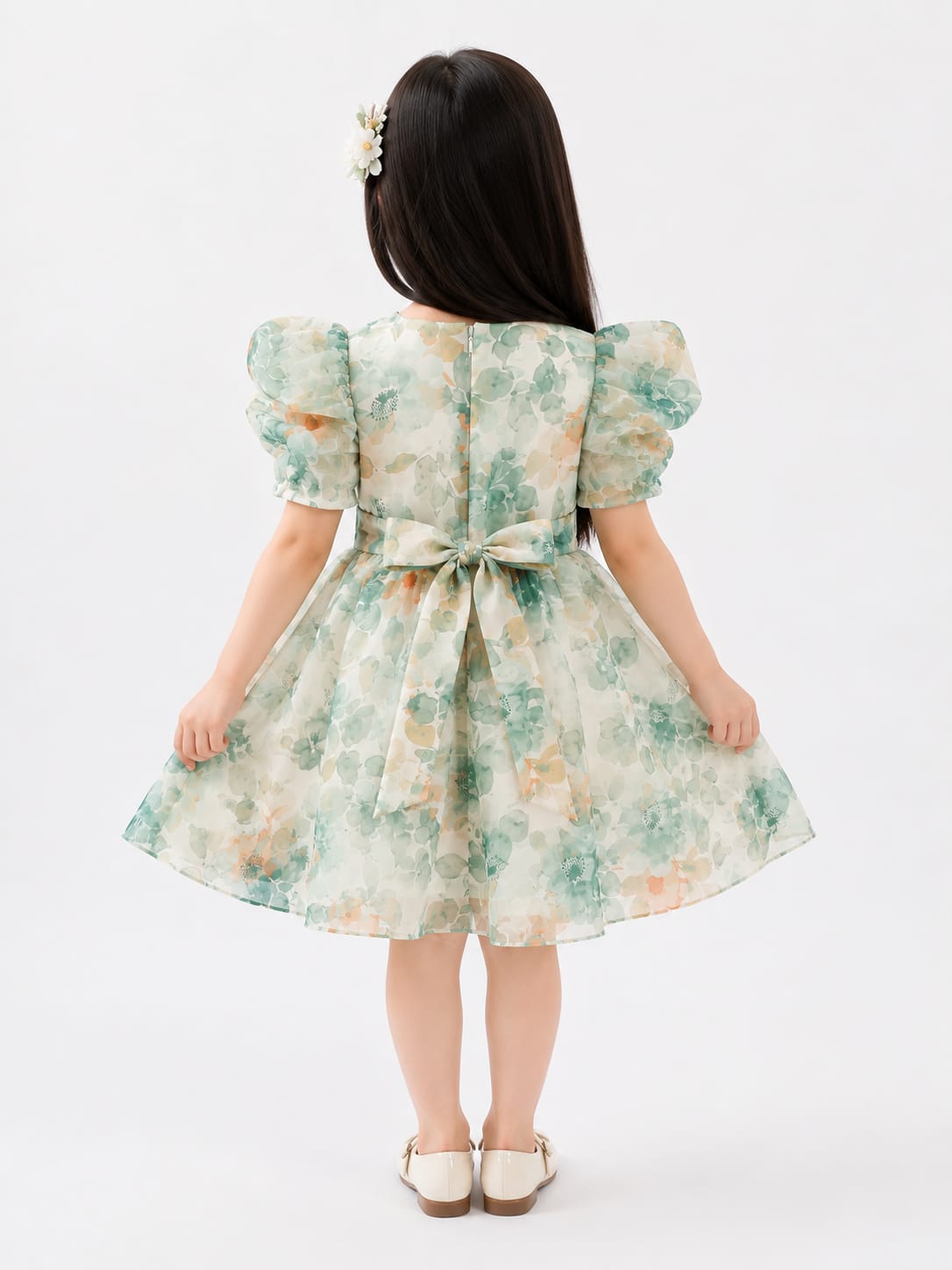 Mint & Peach Floral Watercolor Puff-Sleeve Organza Frock