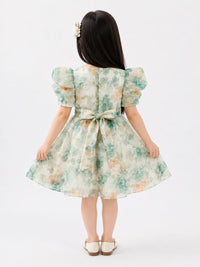 Mint & Peach Floral Watercolor Puff-Sleeve Organza Frock