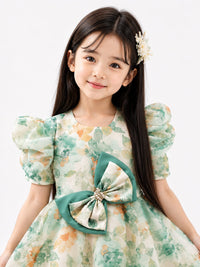 Mint & Peach Floral Watercolor Puff-Sleeve Organza Frock