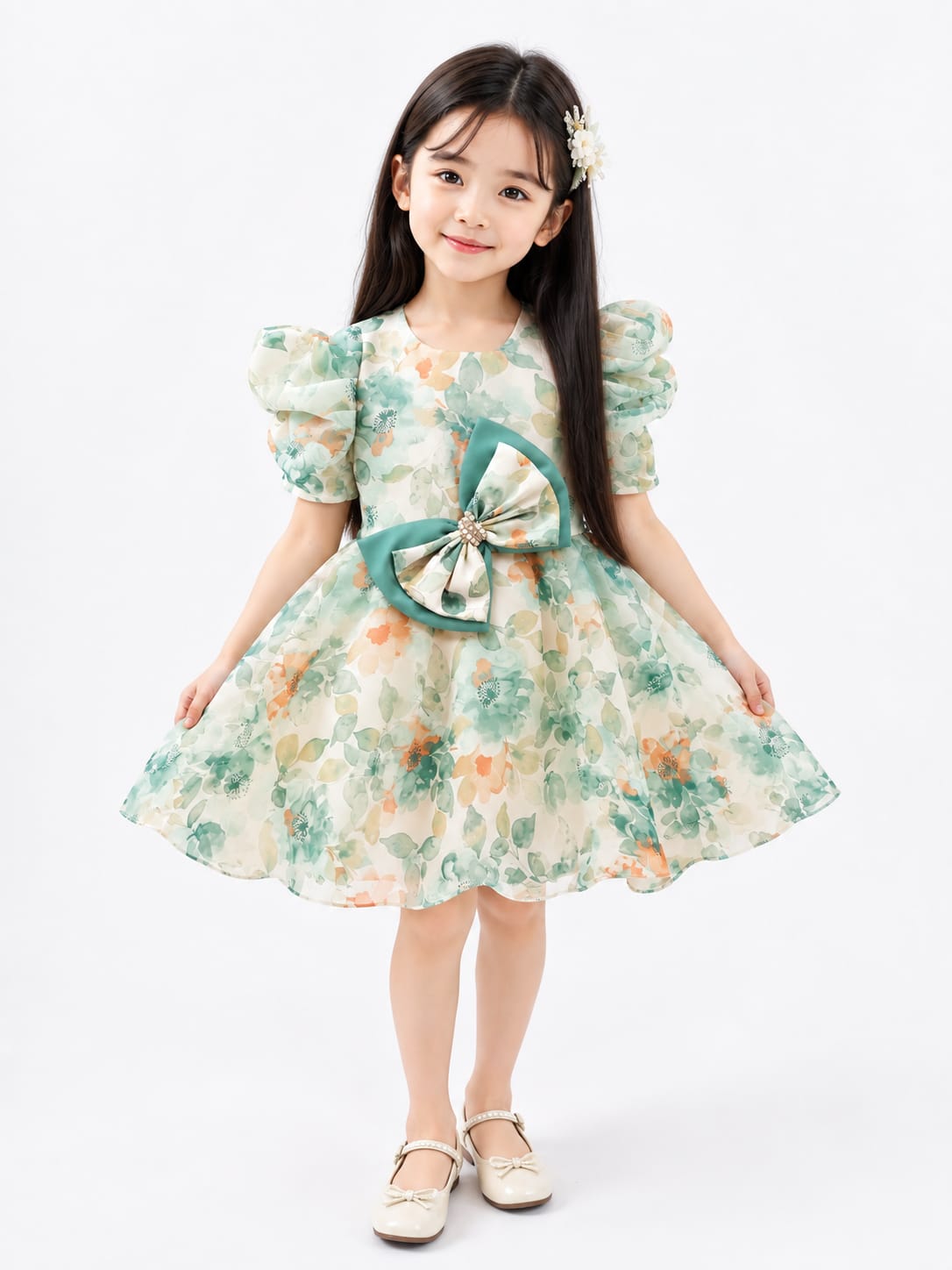 Mint & Peach Floral Watercolor Puff-Sleeve Organza Frock