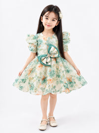 Mint & Peach Floral Watercolor Puff-Sleeve Organza Frock