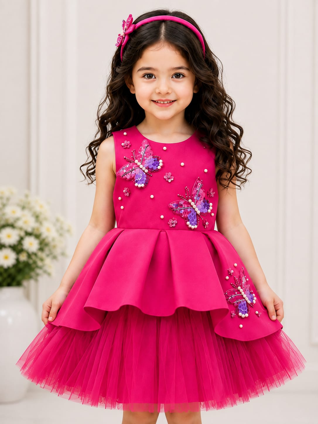Magenta Pearl & Butterfly Embellished High-Low Peplum Gown