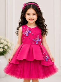 Magenta Pearl & Butterfly Embellished High-Low Peplum Gown