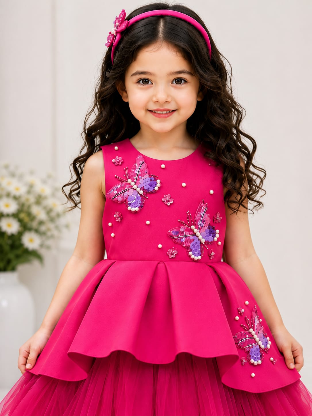 Magenta Pearl & Butterfly Embellished High-Low Peplum Gown