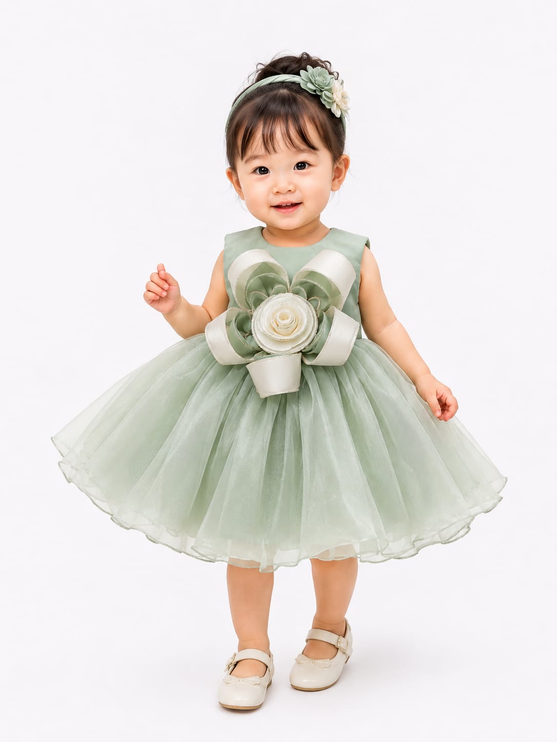 Pastel Sage & Ivory Flower-Appliqué Tutu Party Dress