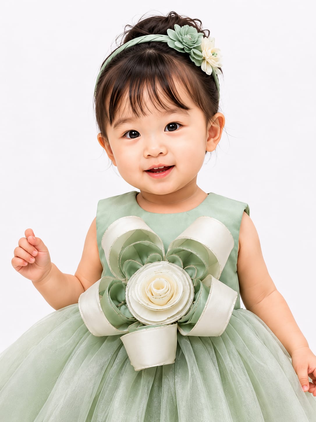 Pastel Sage & Ivory Flower-Appliqué Tutu Party Dress