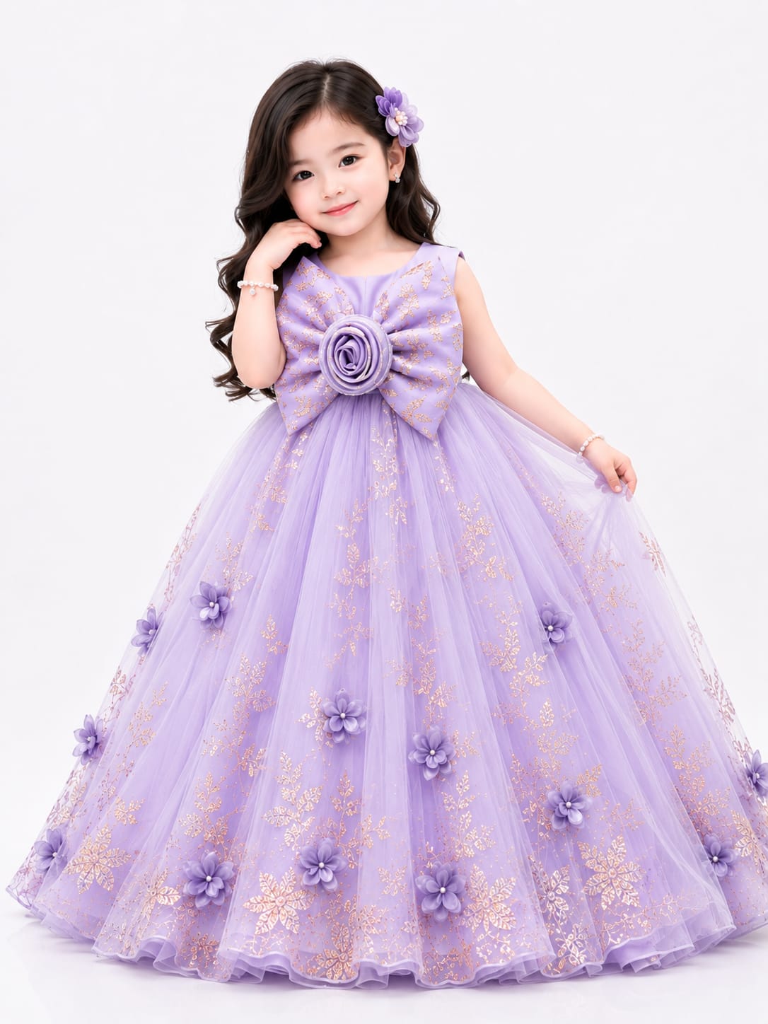 Enchanted Lavender Rose-Front Floor-Length Gown