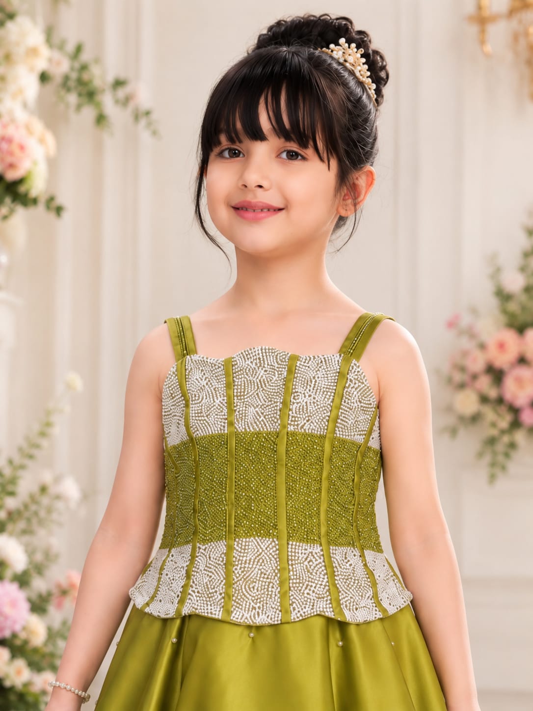 Olive Green Embellished Corset-Style Ball Gown