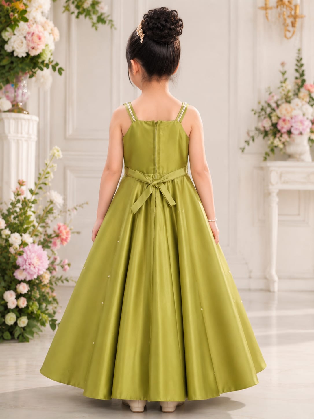 Olive Green Embellished Corset-Style Ball Gown