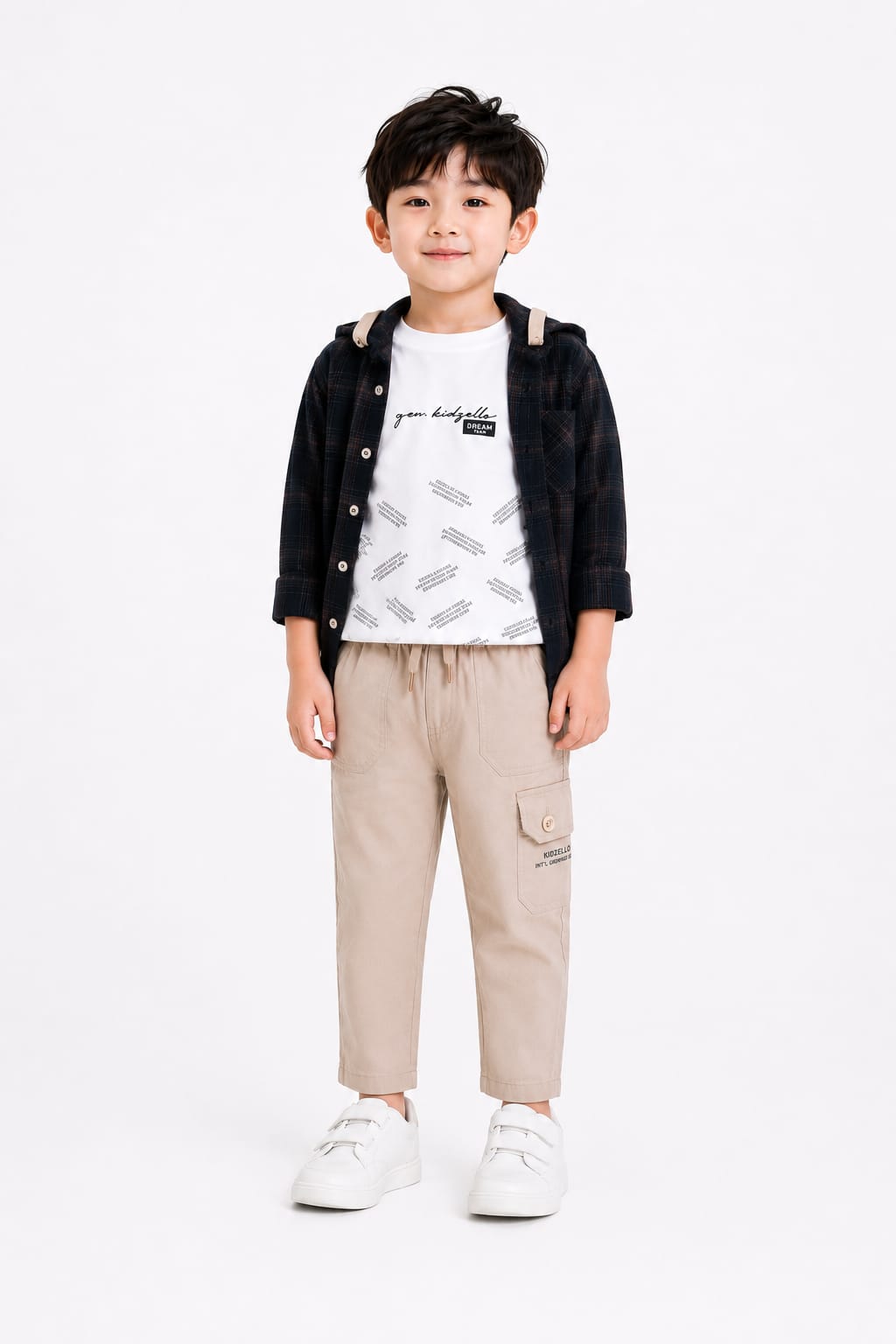Boys' Plaid Hooded Shirt & Typography Tee Cargo Set