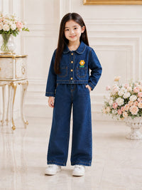 irls' Floral Appliqué Denim Cropped Jacket & Wide-Leg Pants Set