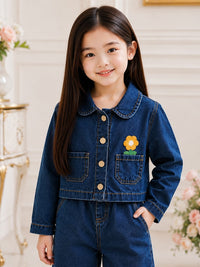 irls' Floral Appliqué Denim Cropped Jacket & Wide-Leg Pants Set