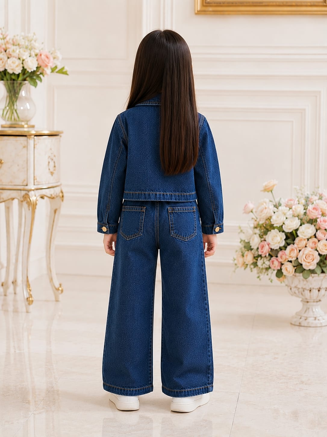 irls' Floral Appliqué Denim Cropped Jacket & Wide-Leg Pants Set