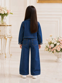 irls' Floral Appliqué Denim Cropped Jacket & Wide-Leg Pants Set