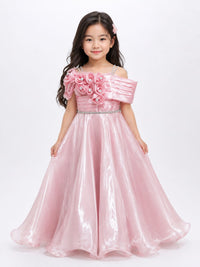 Girls' Shimmering Rose Pink Rosette Cold-Shoulder Gown