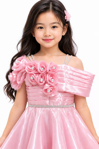 Girls' Shimmering Rose Pink Rosette Cold-Shoulder Gown