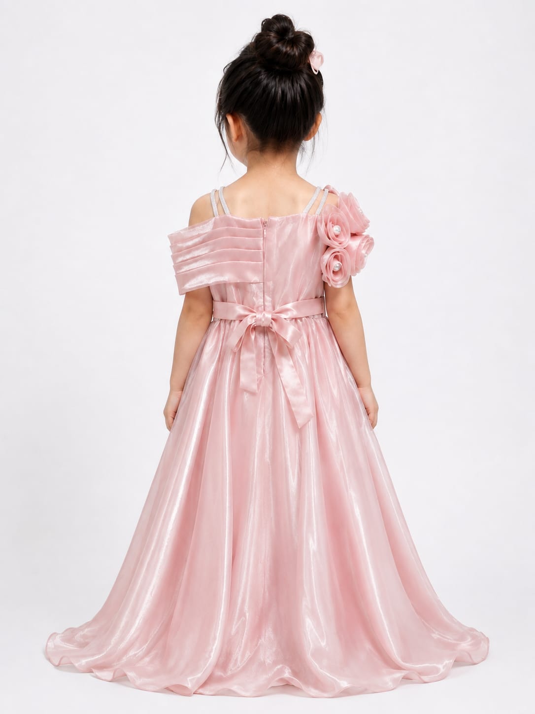 Girls' Shimmering Rose Pink Rosette Cold-Shoulder Gown