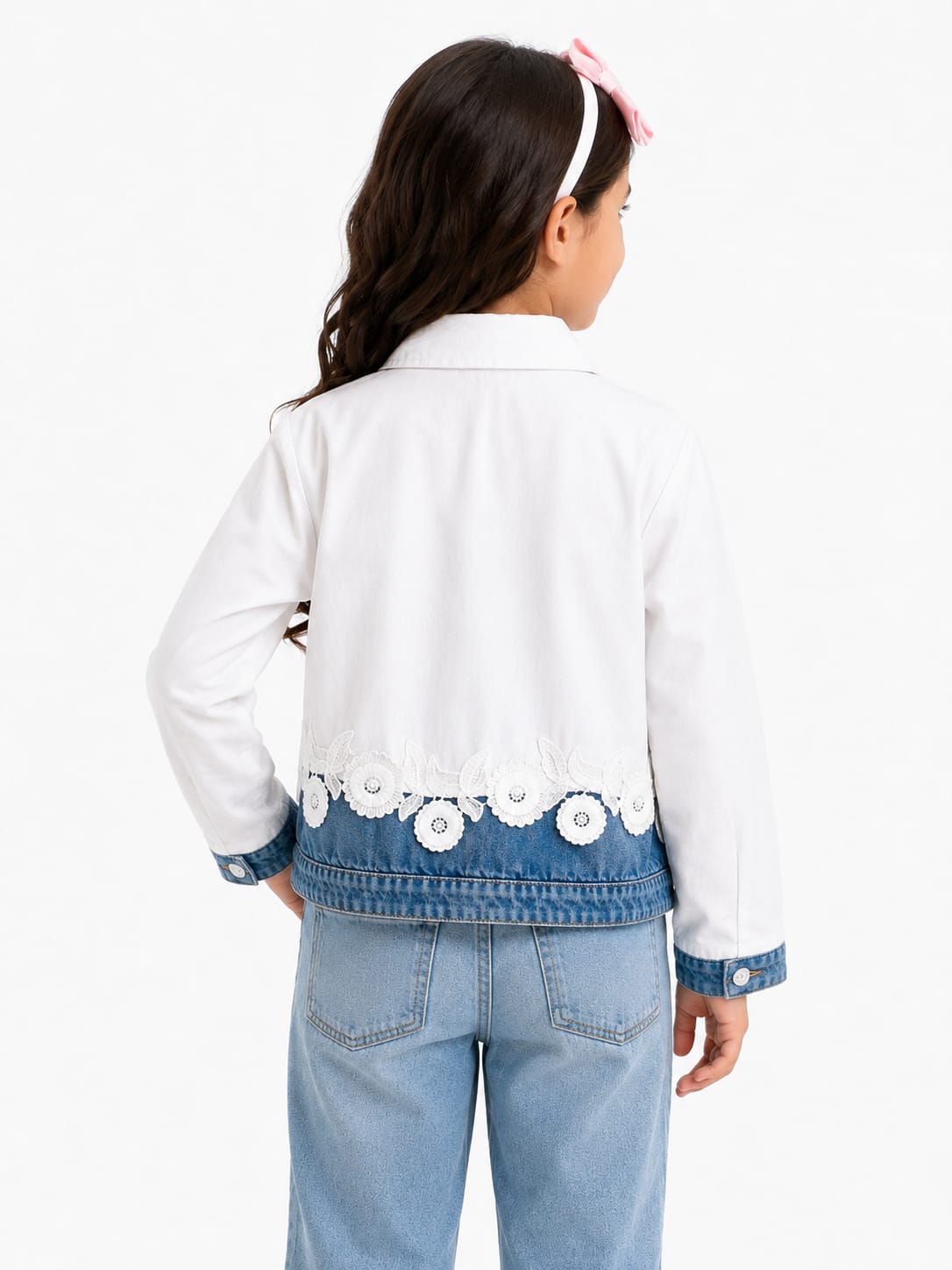 Girls' Two-Tone Lace-Trimmed Floral Denim Shirt